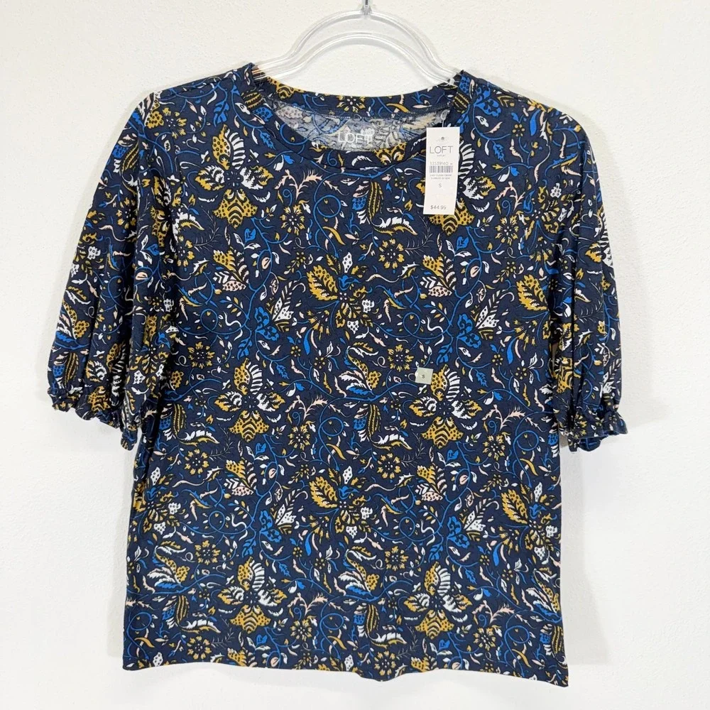 Loft NWT Floral Paisley Puff Ruffle Sleeve 100% Cotton Top Navy Blue Size Small